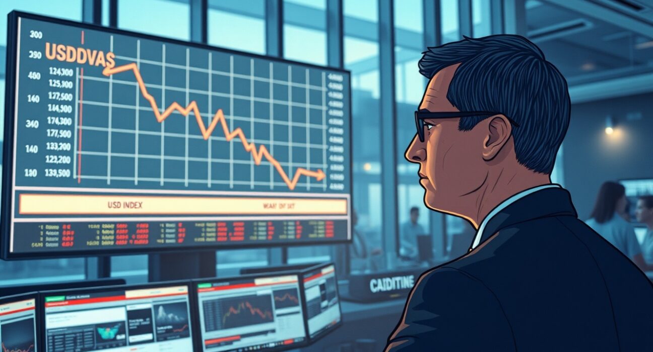 Trader analyzing USD decline on financial displays amid ceasefire extension news impacting currency markets.