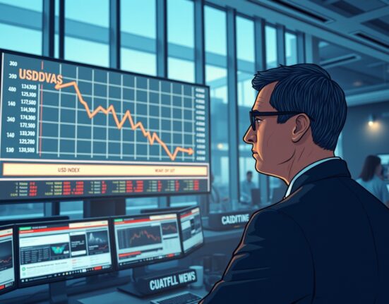Trader analyzing USD decline on financial displays amid ceasefire extension news impacting currency markets.