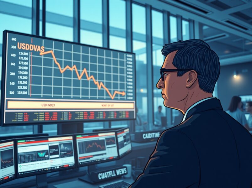 Trader analyzing USD decline on financial displays amid ceasefire extension news impacting currency markets.