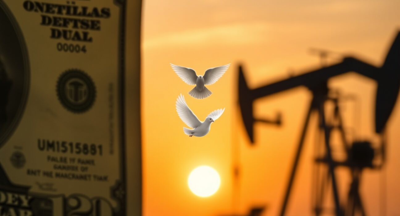 Blurred US dollar bills and oil pump jack with a dove silhouette symbolizing peace hopes.