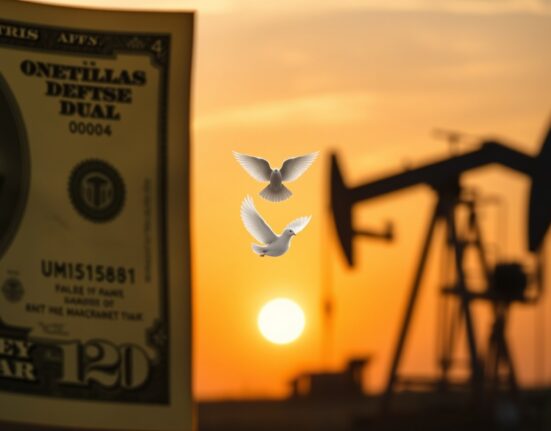 Blurred US dollar bills and oil pump jack with a dove silhouette symbolizing peace hopes.
