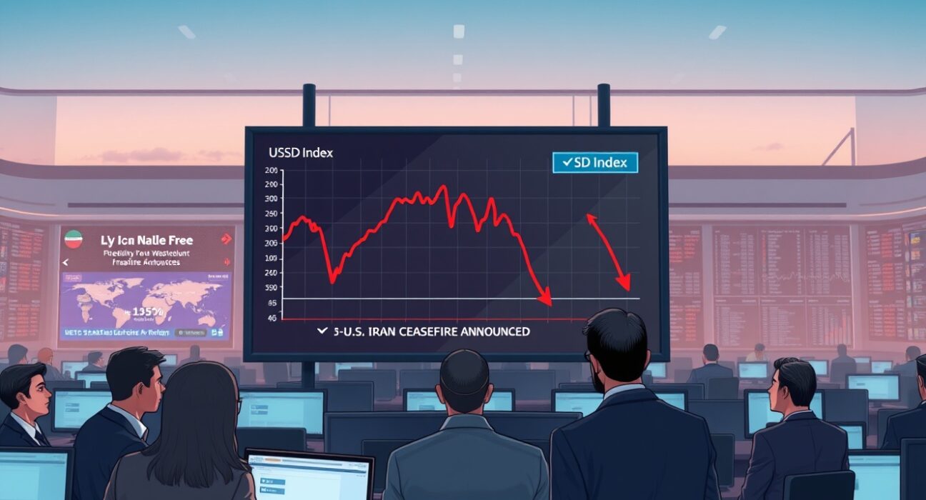 Financial market reaction as the U.S. dollar weakens after the U.S.-Iran ceasefire news.