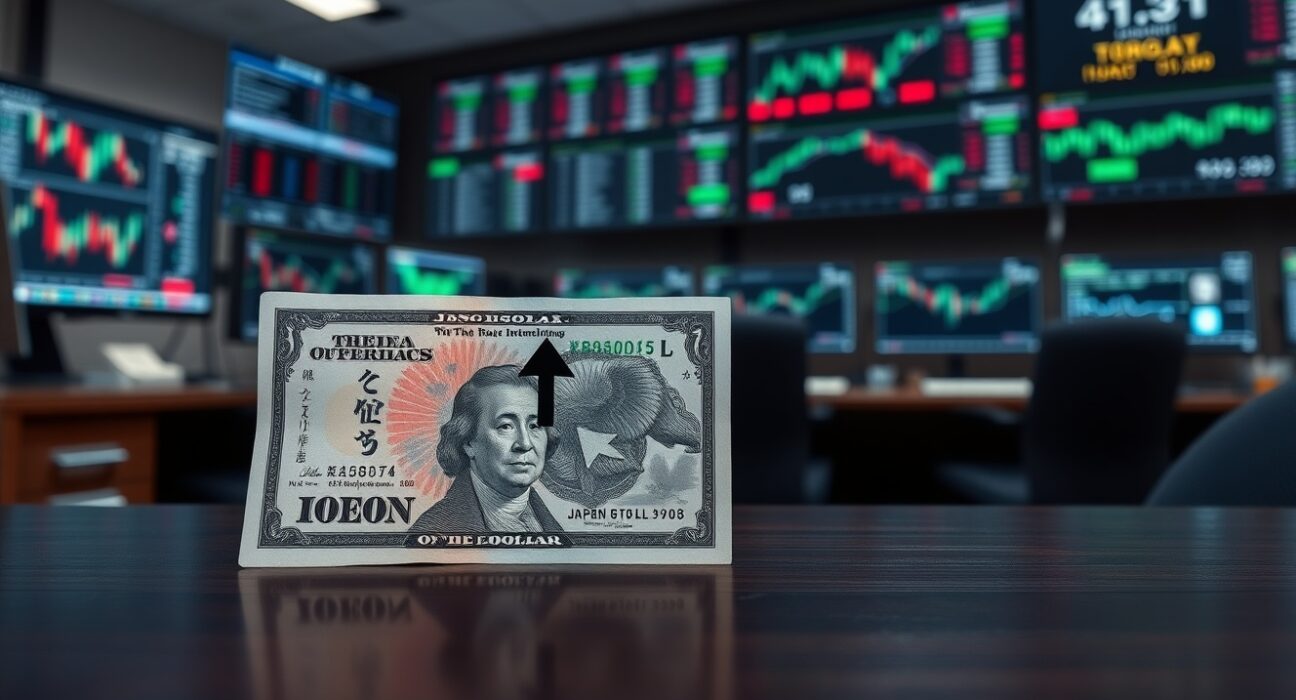 Dollar weakens against yen as Japan intervenes in forex markets after nearly two years, with banknotes and trading charts in background.