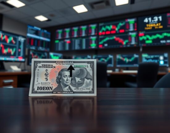 Dollar weakens against yen as Japan intervenes in forex markets after nearly two years, with banknotes and trading charts in background.