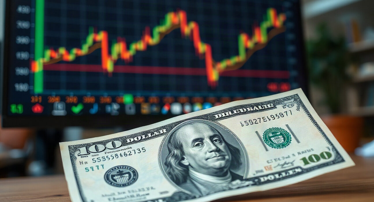 US dollar banknotes and exchange rate chart on screen in financial setting