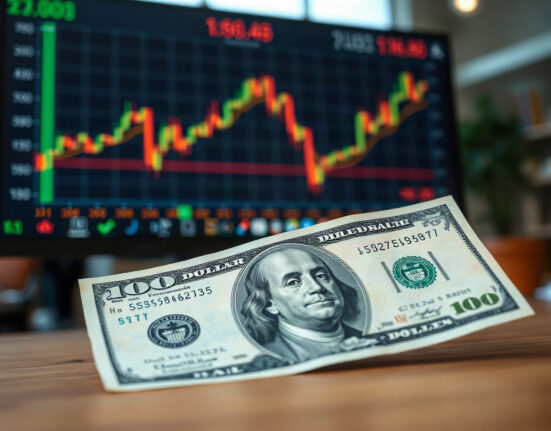 US dollar banknotes and exchange rate chart on screen in financial setting