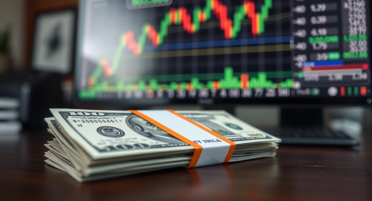 Close-up of US dollar bills on a desk with a financial chart in the background, representing currency markets and Federal Reserve policy.