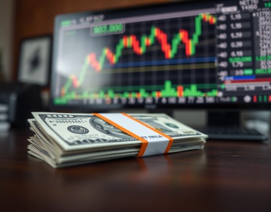 Close-up of US dollar bills on a desk with a financial chart in the background, representing currency markets and Federal Reserve policy.