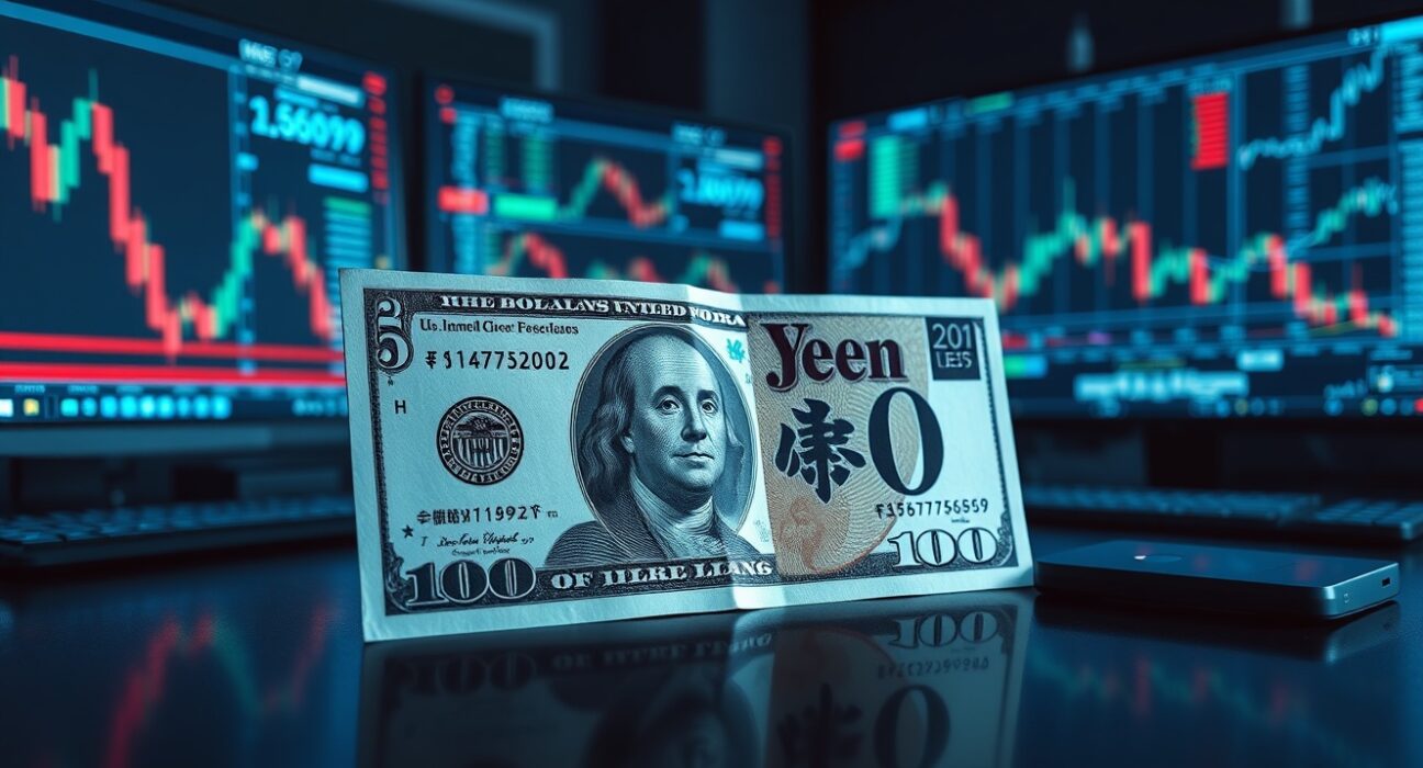 US dollar and Japanese yen banknotes on a trading desk with financial charts in the background.