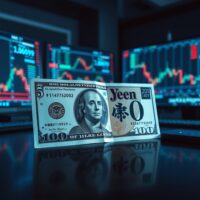US dollar and Japanese yen banknotes on a trading desk with financial charts in the background.
