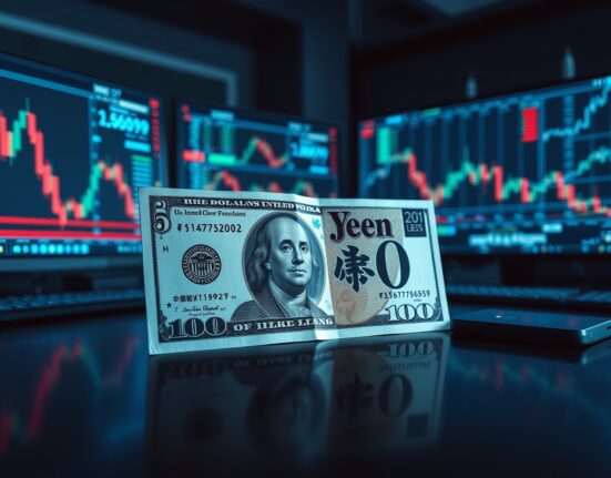 US dollar and Japanese yen banknotes on a trading desk with financial charts in the background.