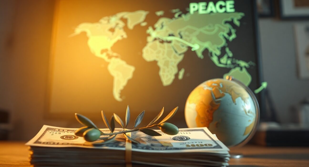 US dollar banknotes and a globe with an olive branch, symbolizing peace hopes and forex market shifts.