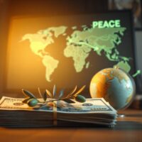 US dollar banknotes and a globe with an olive branch, symbolizing peace hopes and forex market shifts.