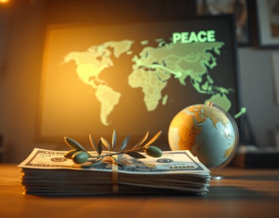 US dollar banknotes and a globe with an olive branch, symbolizing peace hopes and forex market shifts.
