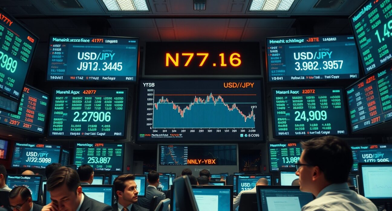 Traders on a forex floor watching USD/JPY exchange rate charts amid market volatility.
