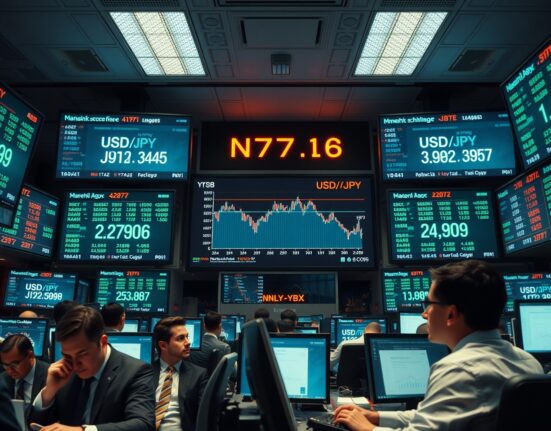 Traders on a forex floor watching USD/JPY exchange rate charts amid market volatility.