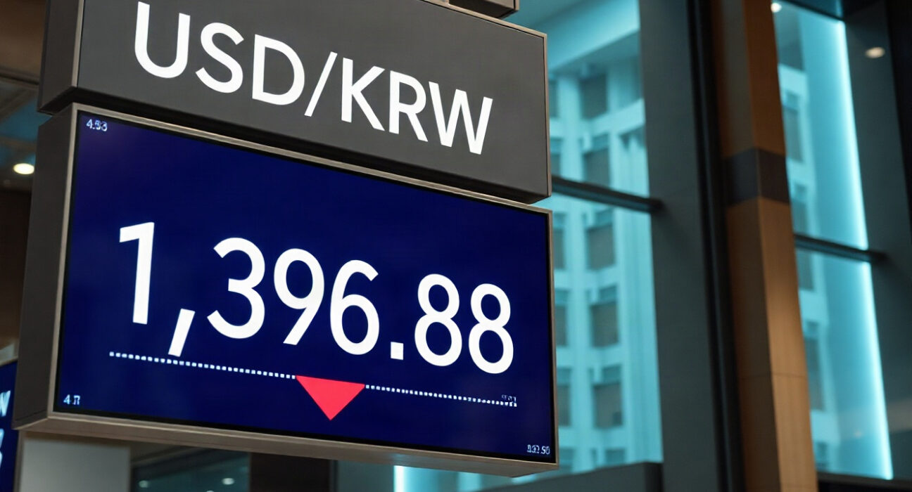 Financial board showing USD/KRW exchange rate at 1,398.88 with a downward trend