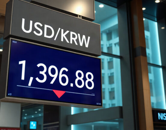 Financial board showing USD/KRW exchange rate at 1,398.88 with a downward trend