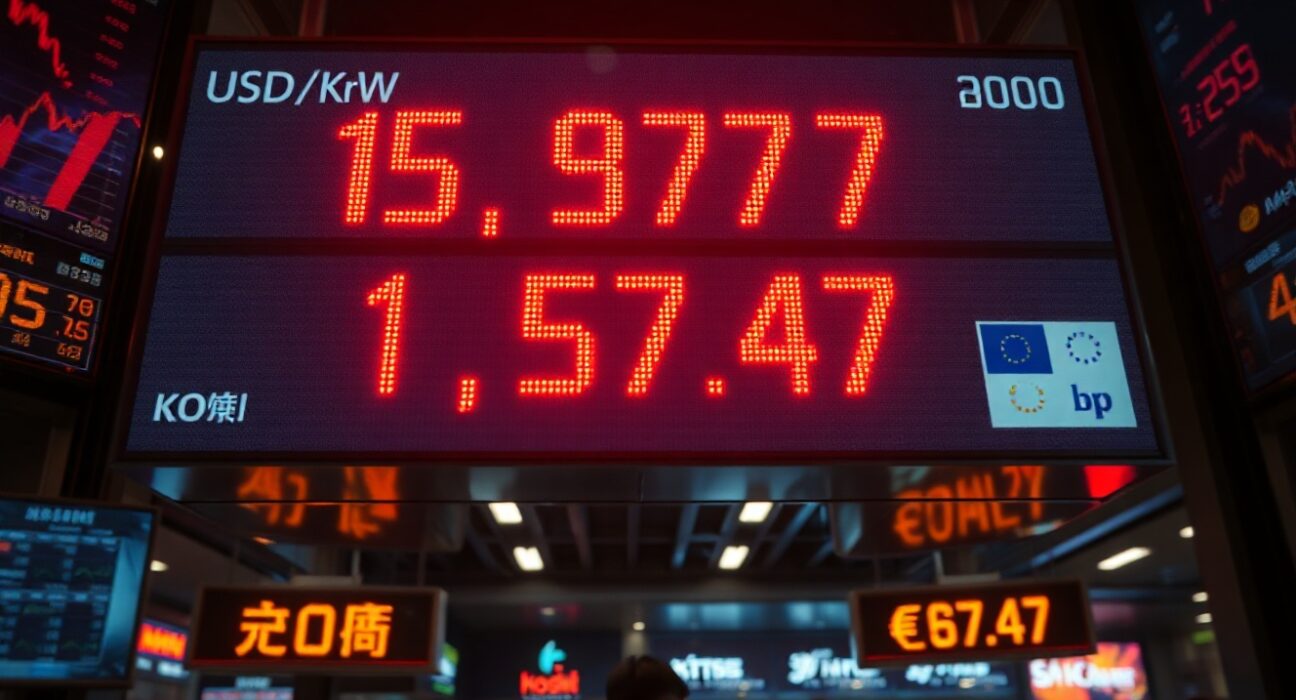 Electronic stock board in Seoul showing dollar-won exchange rate at 1,537.47, a new record high.