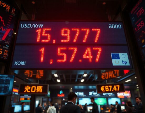 Electronic stock board in Seoul showing dollar-won exchange rate at 1,537.47, a new record high.
