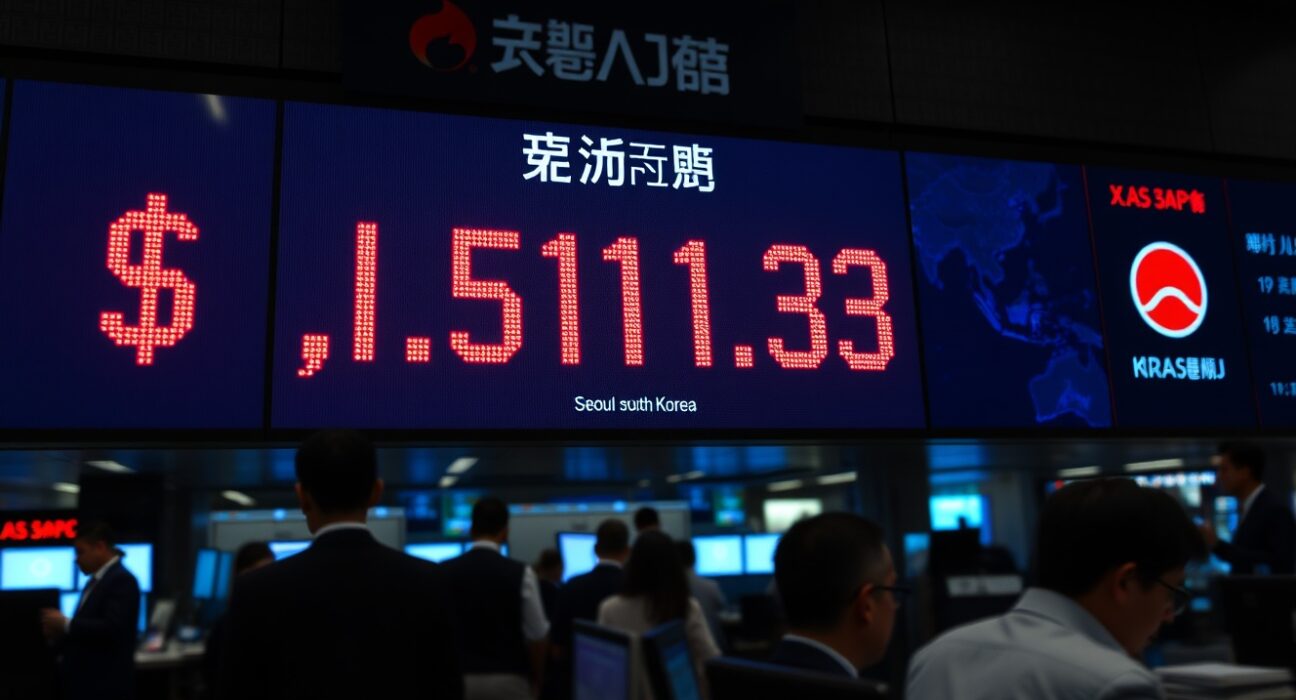 Electronic stock exchange board in Seoul displaying dollar-won exchange rate at 1,511.33 in red numbers