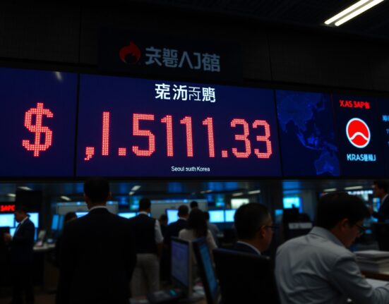 Electronic stock exchange board in Seoul displaying dollar-won exchange rate at 1,511.33 in red numbers