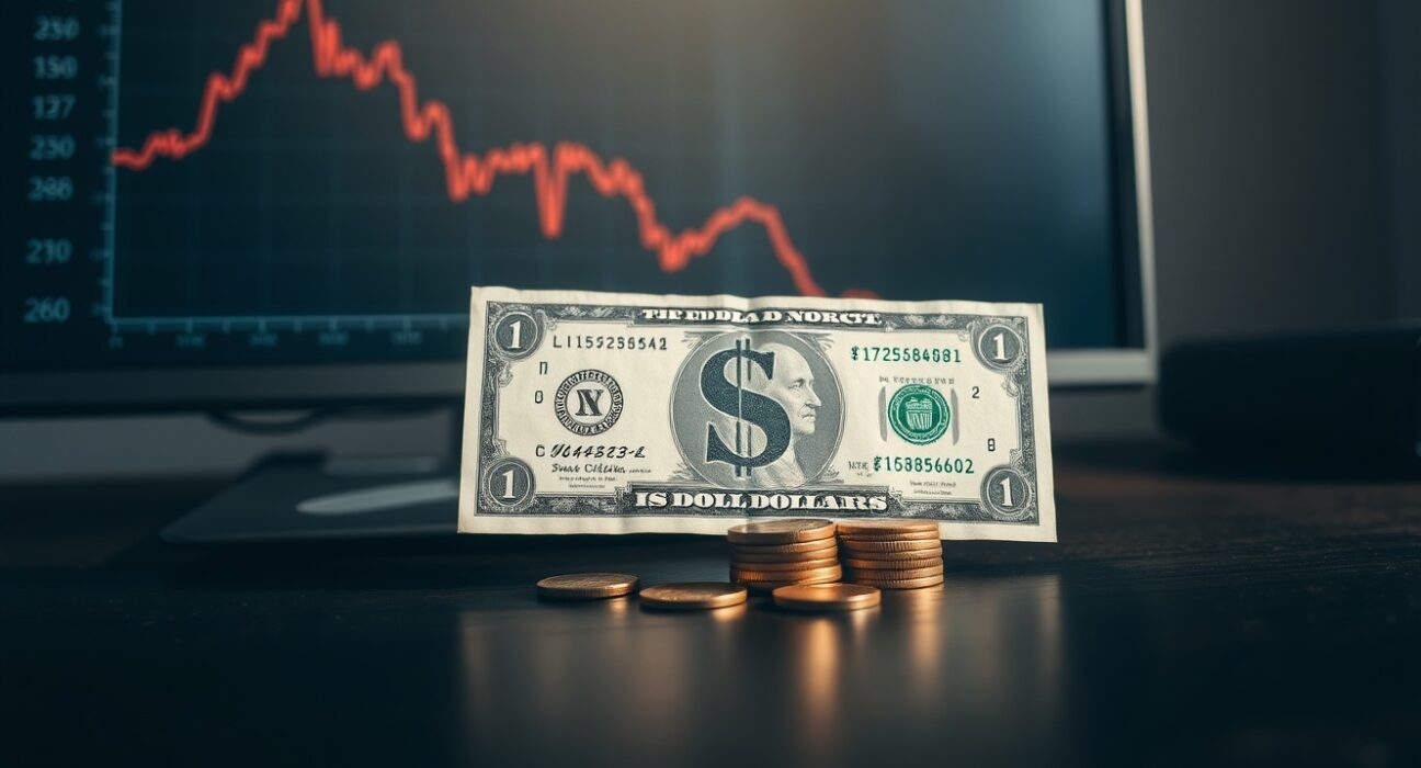 US dollar banknote and coins on desk with declining chart on monitor in background