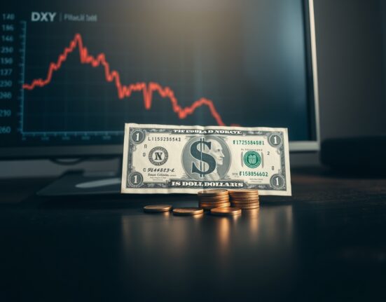 US dollar banknote and coins on desk with declining chart on monitor in background