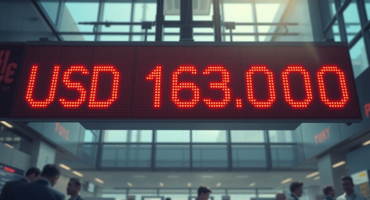 Digital currency board showing USD/JPY exchange rate at 163.00 in a Tokyo trading room