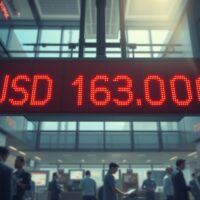 Digital currency board showing USD/JPY exchange rate at 163.00 in a Tokyo trading room