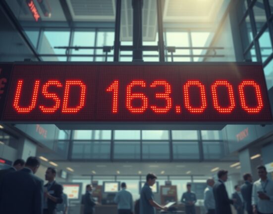 Digital currency board showing USD/JPY exchange rate at 163.00 in a Tokyo trading room