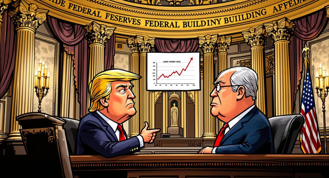 Cartoon of Donald Trump demanding lower interest rates from Jerome Powell at the Federal Reserve, impacting future Fed policy.
