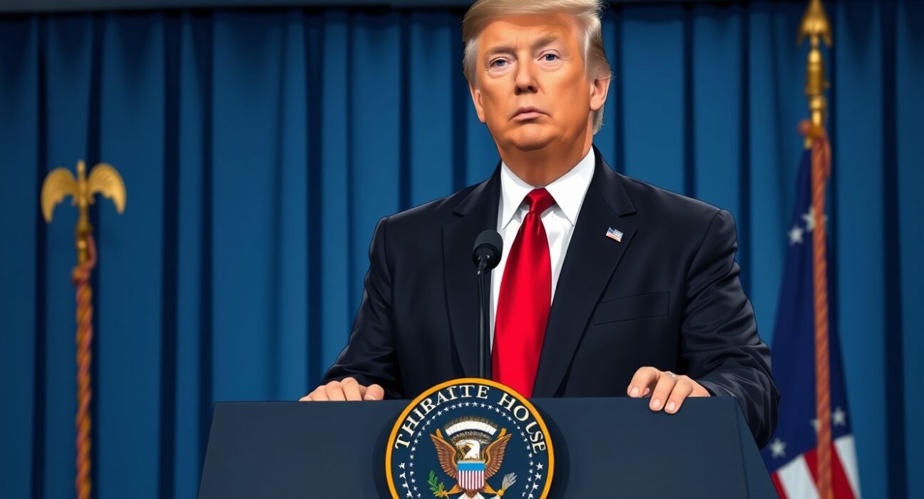 Donald Trump delivers a statement on US policy toward Iran with no defined conflict timeline.