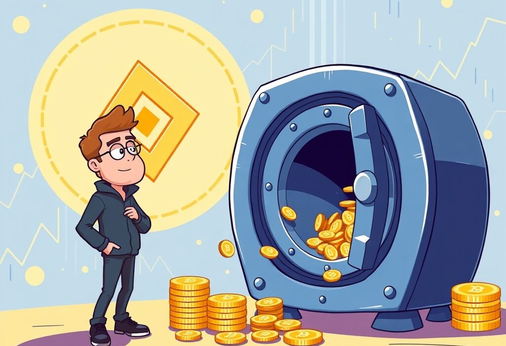 A cartoon illustration showing a crypto influencer making a significant DonAlt crypto deposit to a digital exchange, symbolizing a large transaction.