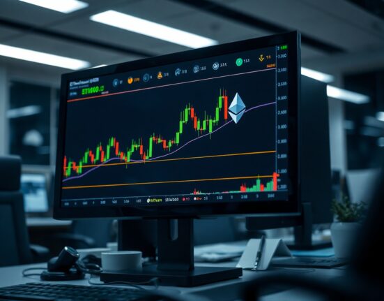 Ethereum price chart on a monitor in a trading office, symbolizing market analysis and trading strategy.