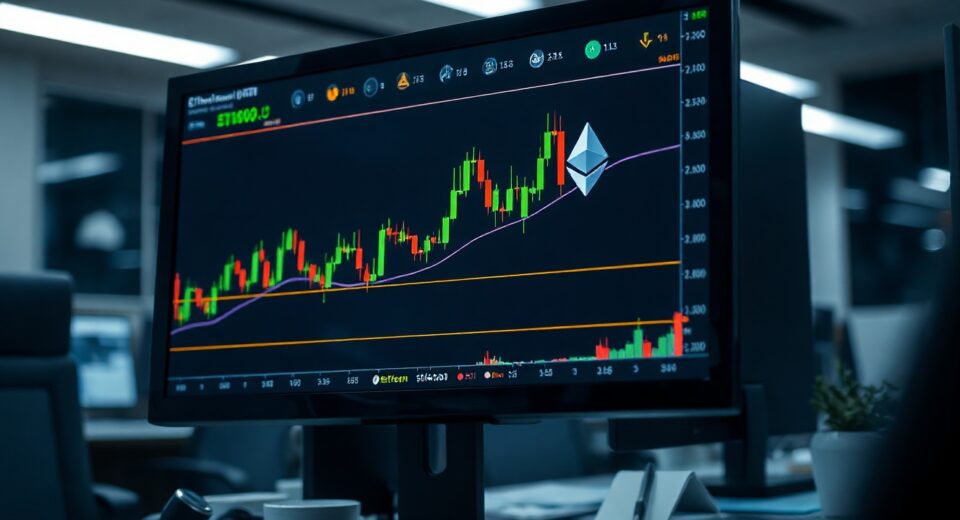 Ethereum price chart on a monitor in a trading office, symbolizing market analysis and trading strategy.