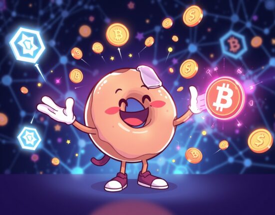 A cartoon donut character celebrates a successful funding round amidst crypto charts, symbolizing the exciting Donut Labs funding and future of AI crypto trading.