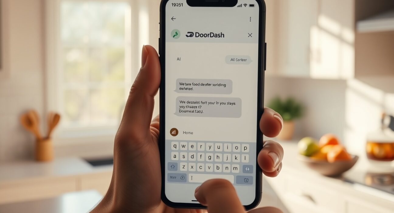 Person using DoorDash AI chatbot on smartphone to order food with text prompts in a kitchen setting
