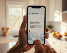Person using DoorDash AI chatbot on smartphone to order food with text prompts in a kitchen setting