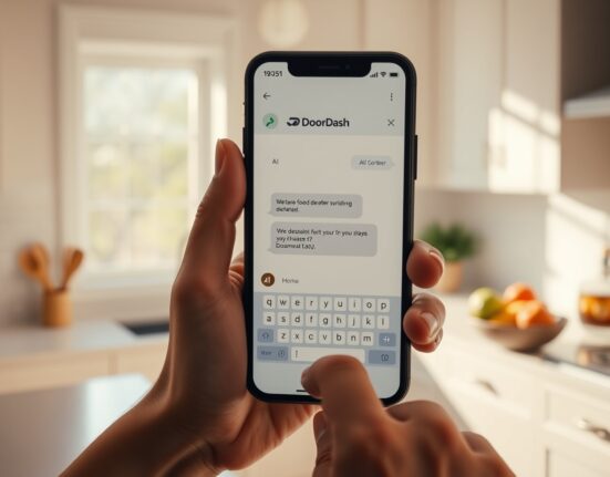 Person using DoorDash AI chatbot on smartphone to order food with text prompts in a kitchen setting