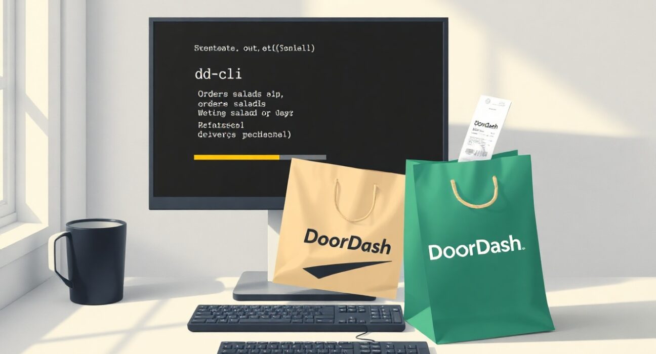 Developer workspace with terminal running DoorDash CLI and a DoorDash delivery bag on the desk
