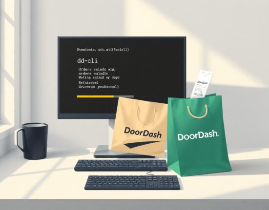 Developer workspace with terminal running DoorDash CLI and a DoorDash delivery bag on the desk