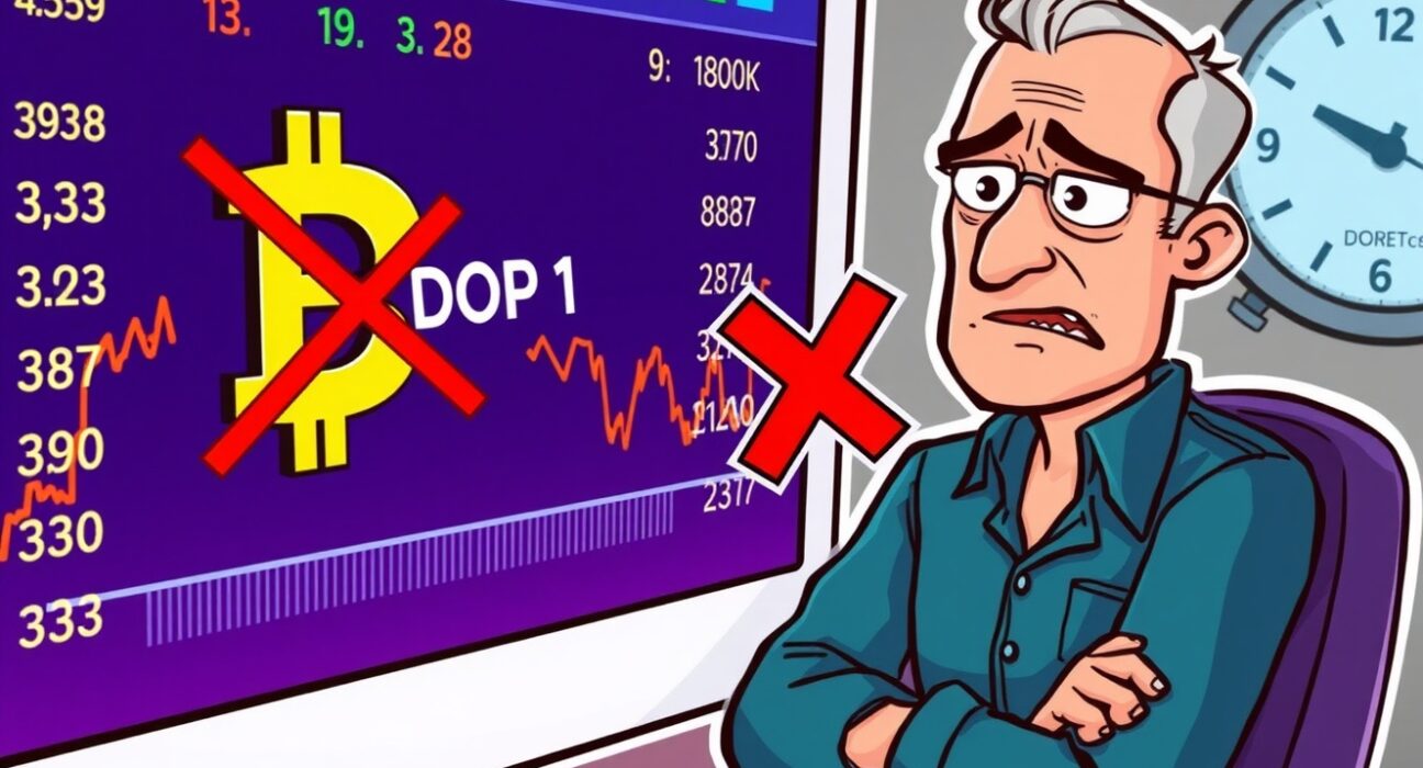 A cartoon trader reacting to the upcoming DOP1 delisting on a crypto exchange screen, highlighting the urgency of the situation.