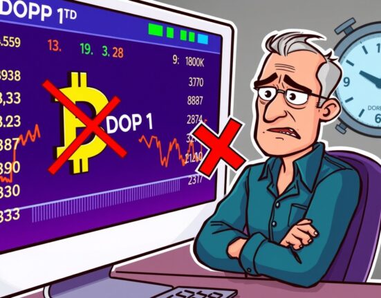 A cartoon trader reacting to the upcoming DOP1 delisting on a crypto exchange screen, highlighting the urgency of the situation.