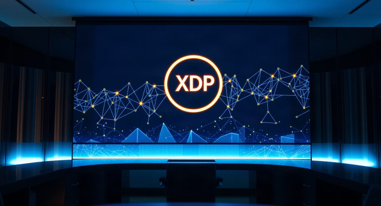 Digital screen displaying XDP token symbol and blockchain network graph in a modern tech office