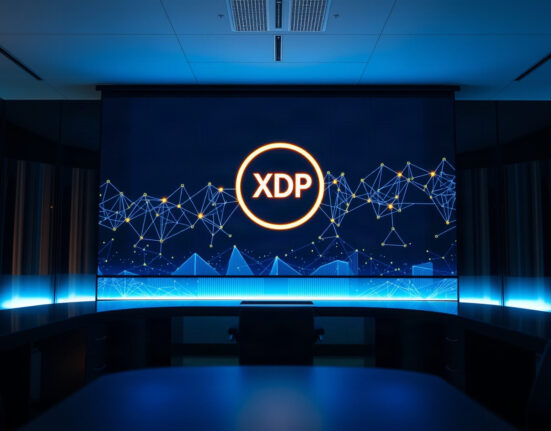 Digital screen displaying XDP token symbol and blockchain network graph in a modern tech office