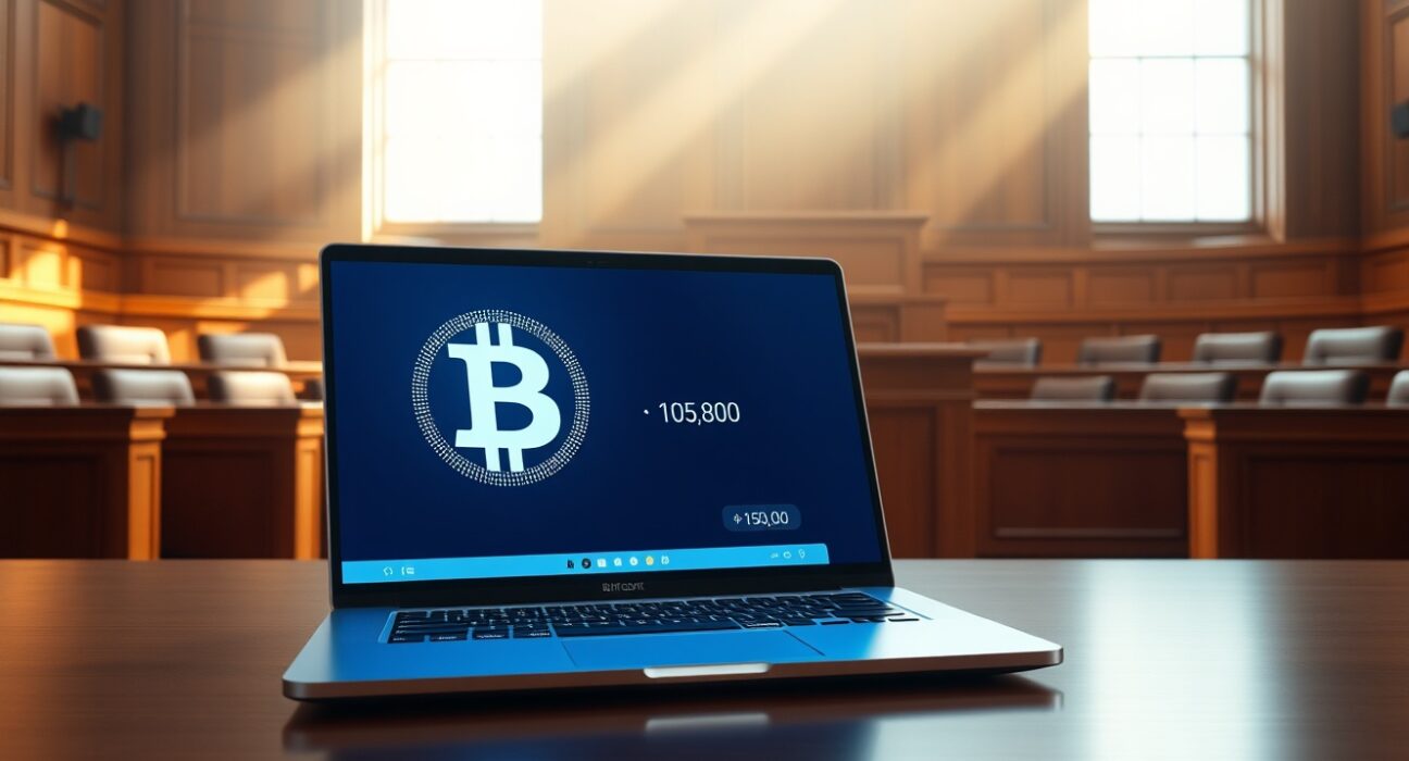 A laptop displaying a Bitcoin symbol and wallet interface in a courtroom setting, representing a legal dispute over dormant cryptocurrency.