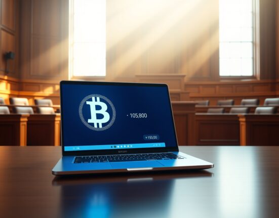 A laptop displaying a Bitcoin symbol and wallet interface in a courtroom setting, representing a legal dispute over dormant cryptocurrency.