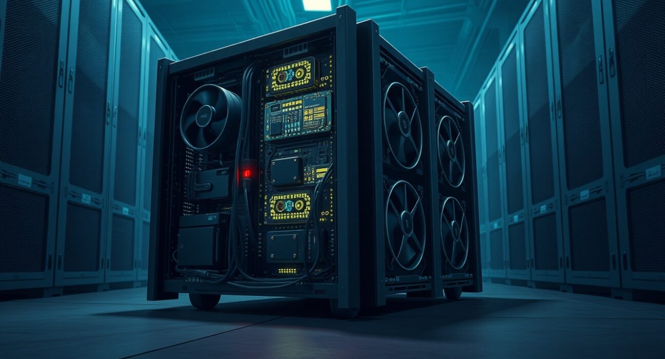 A Bitcoin mining rig representing the dormant miner's $18.1 million BTC sale.