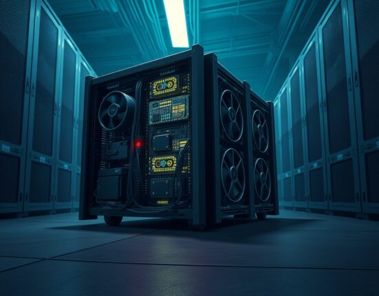 A Bitcoin mining rig representing the dormant miner's $18.1 million BTC sale.